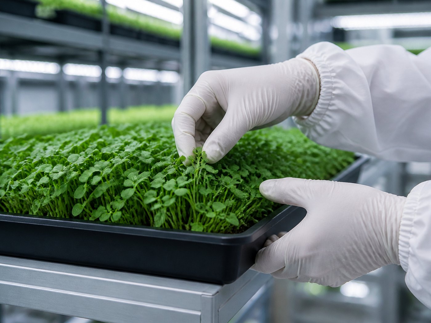Gloved hands inspecting a tray of microgreens in the growing room
