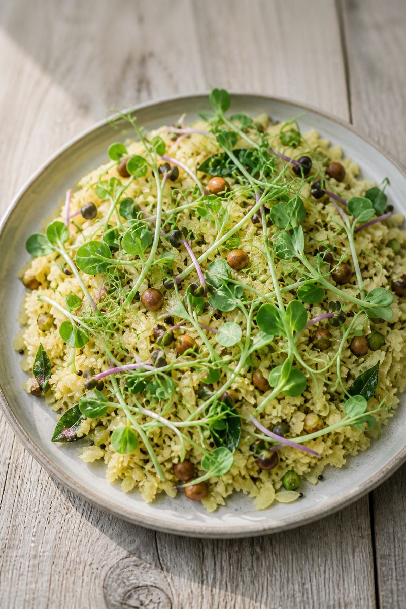 Peashoots and radish microgreens over poha