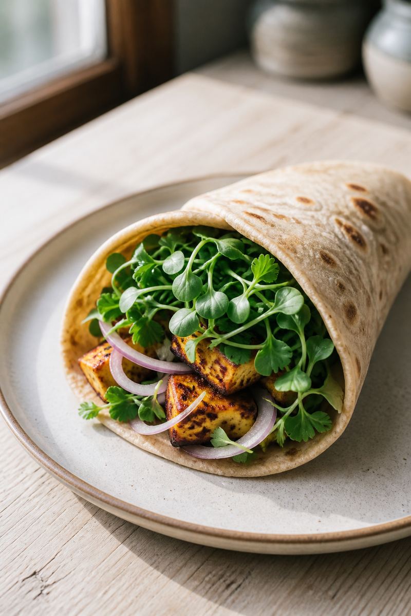 Mustard microgreens in a paneer roti wrap